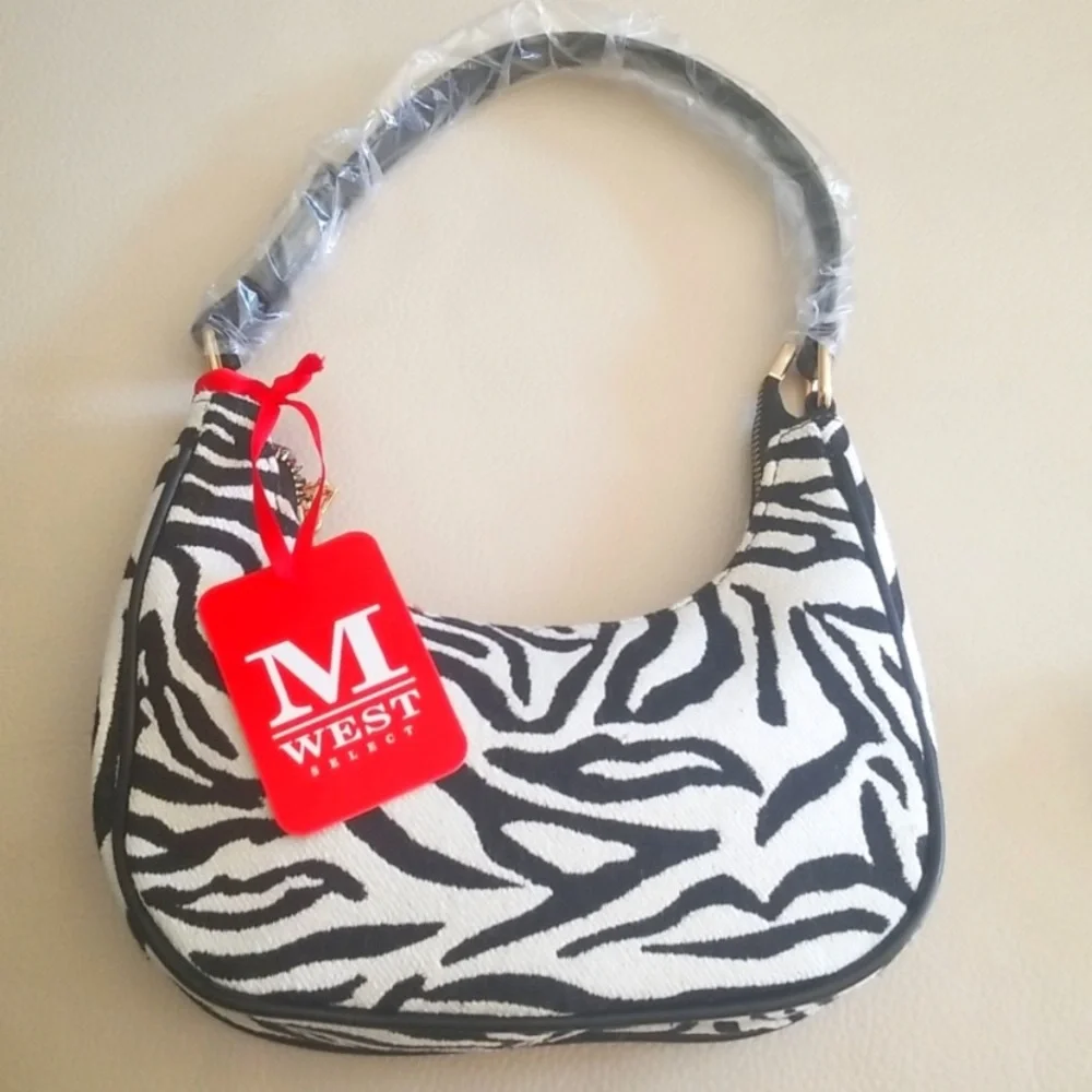 Montana West Black & White Zebra Print Fabric & Vegan Leather Hobo Shoulder Bag